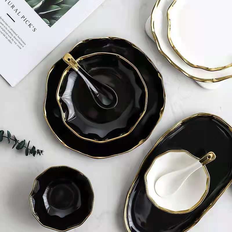 Nordic gilded edge ceramic plates, creative lotus leaf edge bowls, plates, Western plates, steak plates, salad bowls, soup bowls, rice bowls detail image 3
