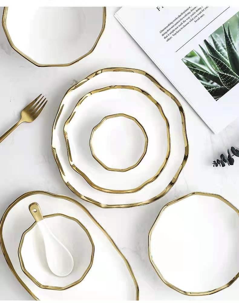 Nordic gilded edge ceramic plates, creative lotus leaf edge bowls, plates, Western plates, steak plates, salad bowls, soup bowls, rice bowls detail image 1