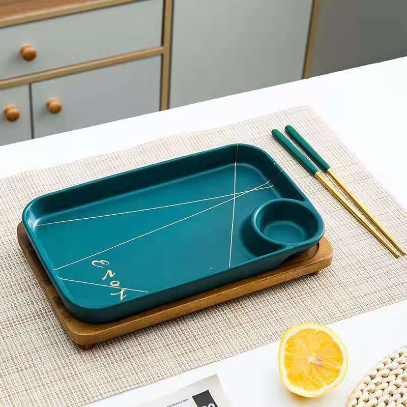 北欧轻奢陶瓷餐具哑光法拉绿绿陶瓷碗沙拉碗西餐盘子牛排盘图