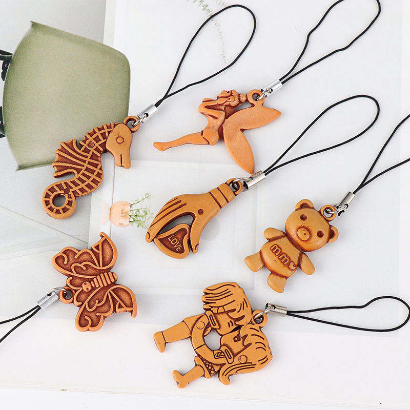 Super cute very creative wood imitation wood key chain mobile phone chain a series of mixed a variety of expressions mixed 321