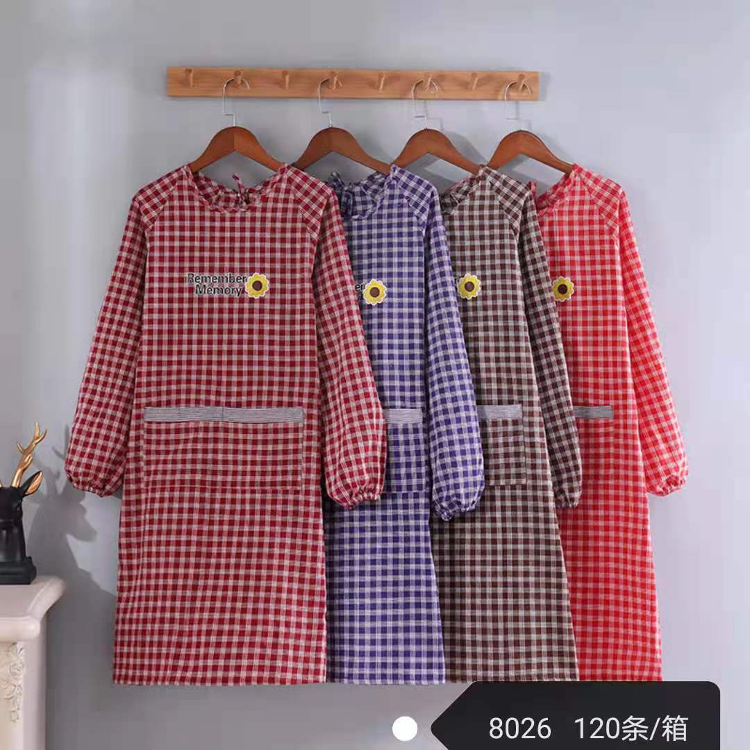 Home kitchen apron, colorful cotton long-sleeved anti-stain cover-up, fabric cotton check, new reverse dressing custom cover-up with logo printing Specification image