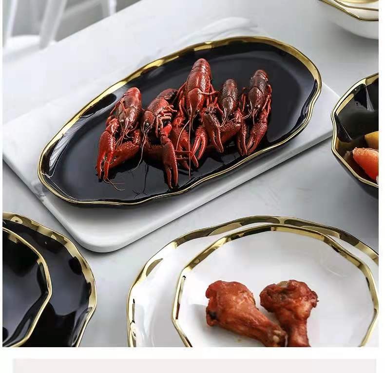 Nordic gilded edge ceramic plates, creative lotus leaf edge bowls, plates, Western plates, steak plates, salad bowls, soup bowls, rice bowls detail image 6