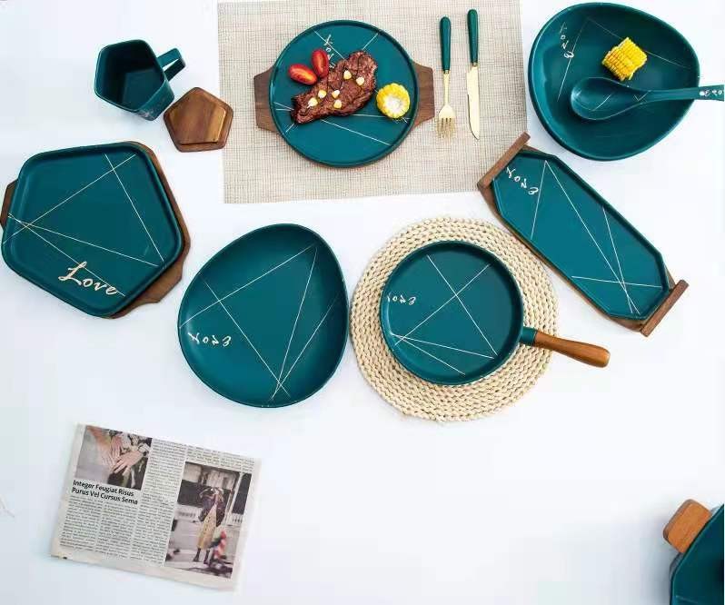 北欧轻奢陶瓷餐具哑光法拉绿绿陶瓷碗沙拉碗西餐盘子牛排盘详情图2