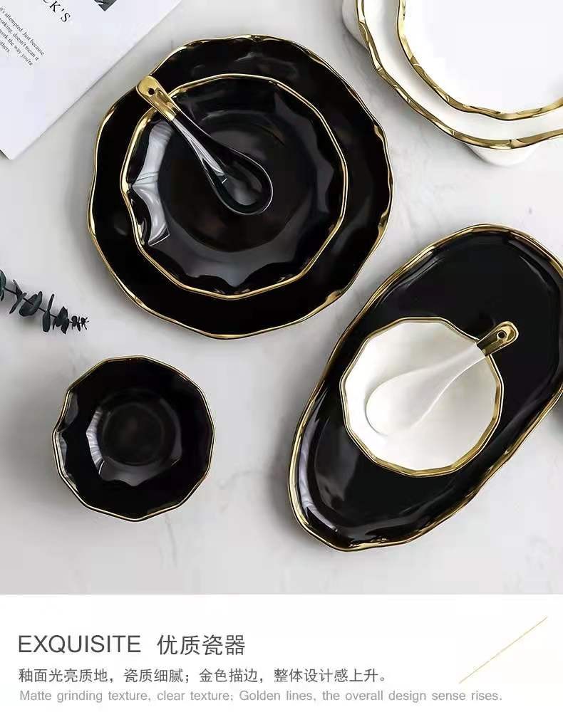 Nordic gilded edge ceramic plates, creative lotus leaf edge bowls, plates, Western plates, steak plates, salad bowls, soup bowls, rice bowls detail image 10