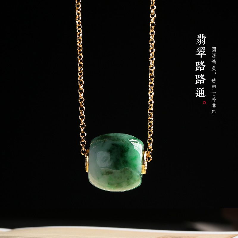 天然翡翠A货路路通原创南红一桶金项链 细糯辣绿路路通吊坠