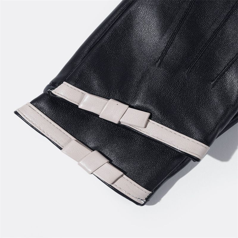 ins韩版秋冬时尚白色蝴蝶结加绒加厚保暖男女士假羊皮手套触屏真皮皮手套分指短款薄款详情图3