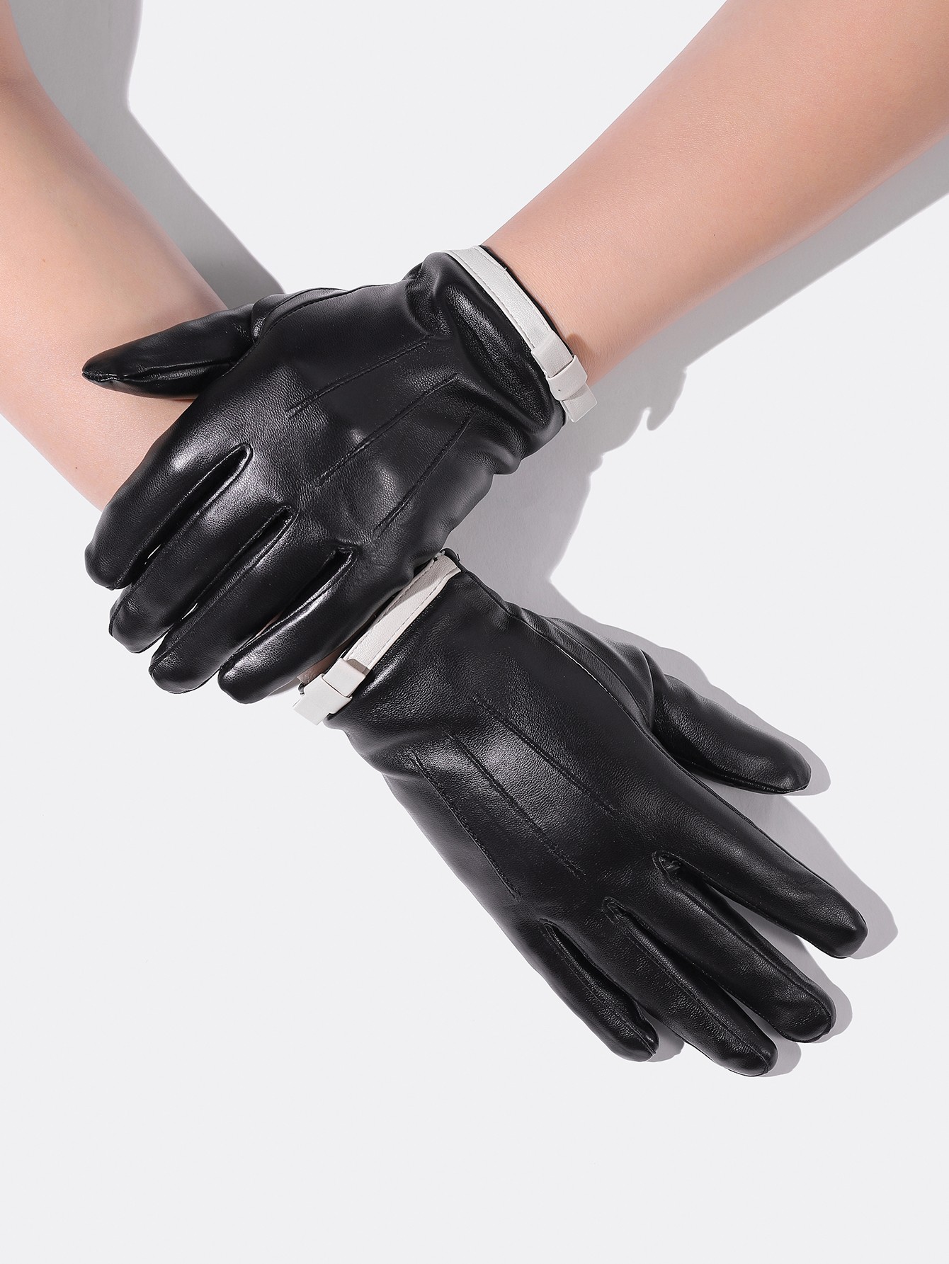 ins韩版秋冬时尚白色蝴蝶结加绒加厚保暖男女士假羊皮手套触屏真皮皮手套分指短款薄款详情图1