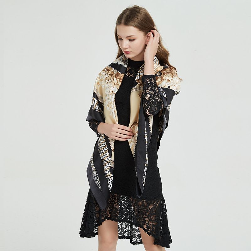 Jane ai silk edge new square scarf female retro lace fan printed real silk scarf 130cm summer travel sunscreen shawl