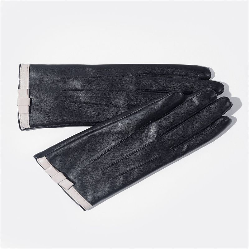 ins韩版秋冬时尚白色蝴蝶结加绒加厚保暖男女士假羊皮手套触屏真皮皮手套分指短款薄款详情图2