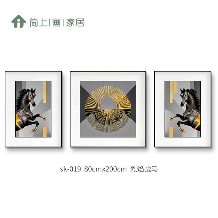烈焰战马现代简约客厅装饰画沙发背景墙上挂画轻奢三联画抽象鎏金线条壁画