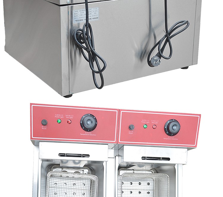 FY-902 Commercial double-cylinder double-sieve electric fryer with temperature limiter for frying chicken wings, fried chicken cutlets, fried chicken legs and French fries detail image 8