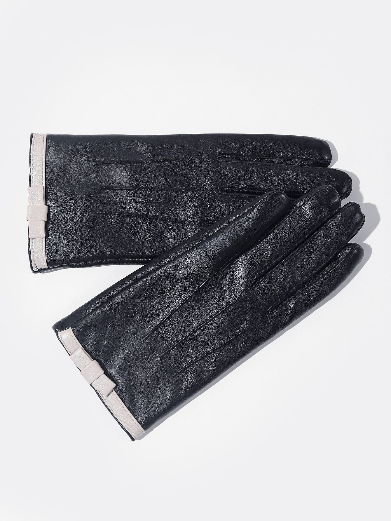 ins韩版秋冬时尚白色蝴蝶结加绒加厚保暖男女士假羊皮手套触屏真皮皮手套分指短款薄款详情图2