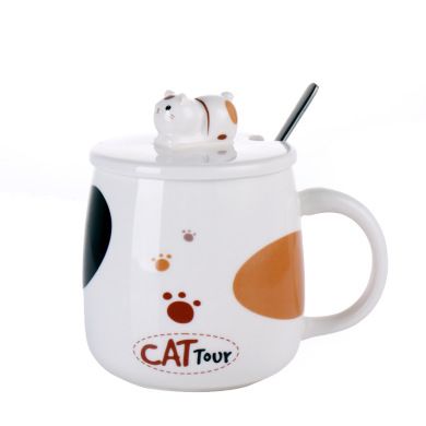卡通陶瓷杯 陶瓷水杯带勺 卡通猫咪造型马克杯 表情杯 陶瓷赠品白底实物图