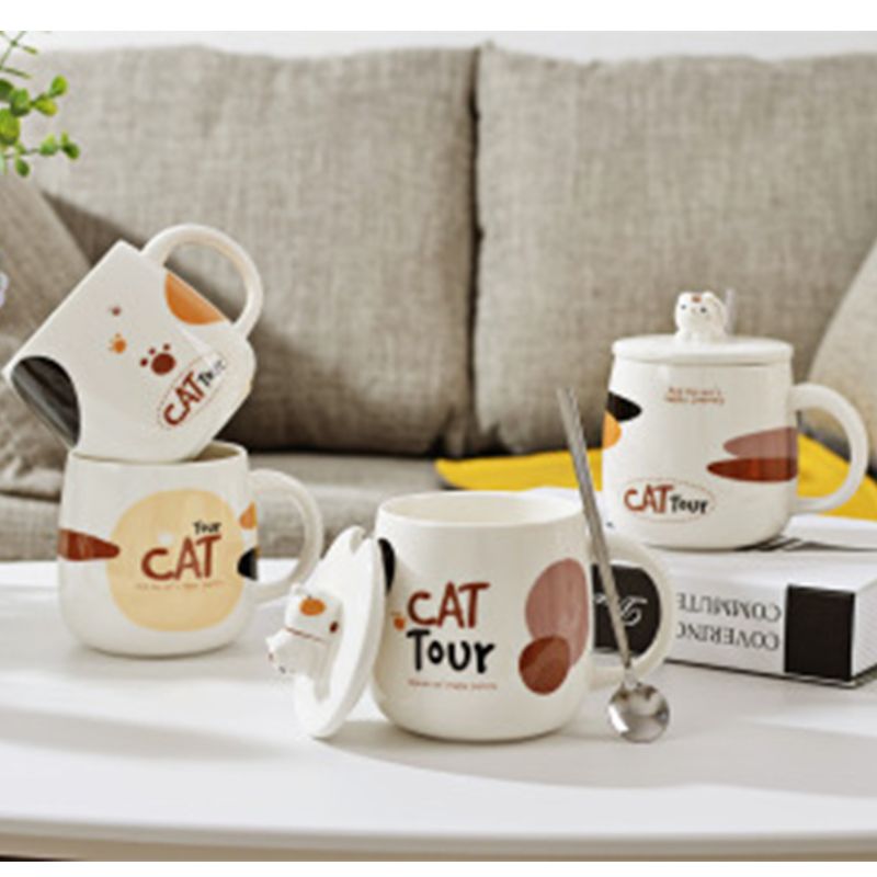 卡通陶瓷杯 陶瓷水杯带勺 卡通猫咪造型马克杯 表情杯 陶瓷赠品细节图