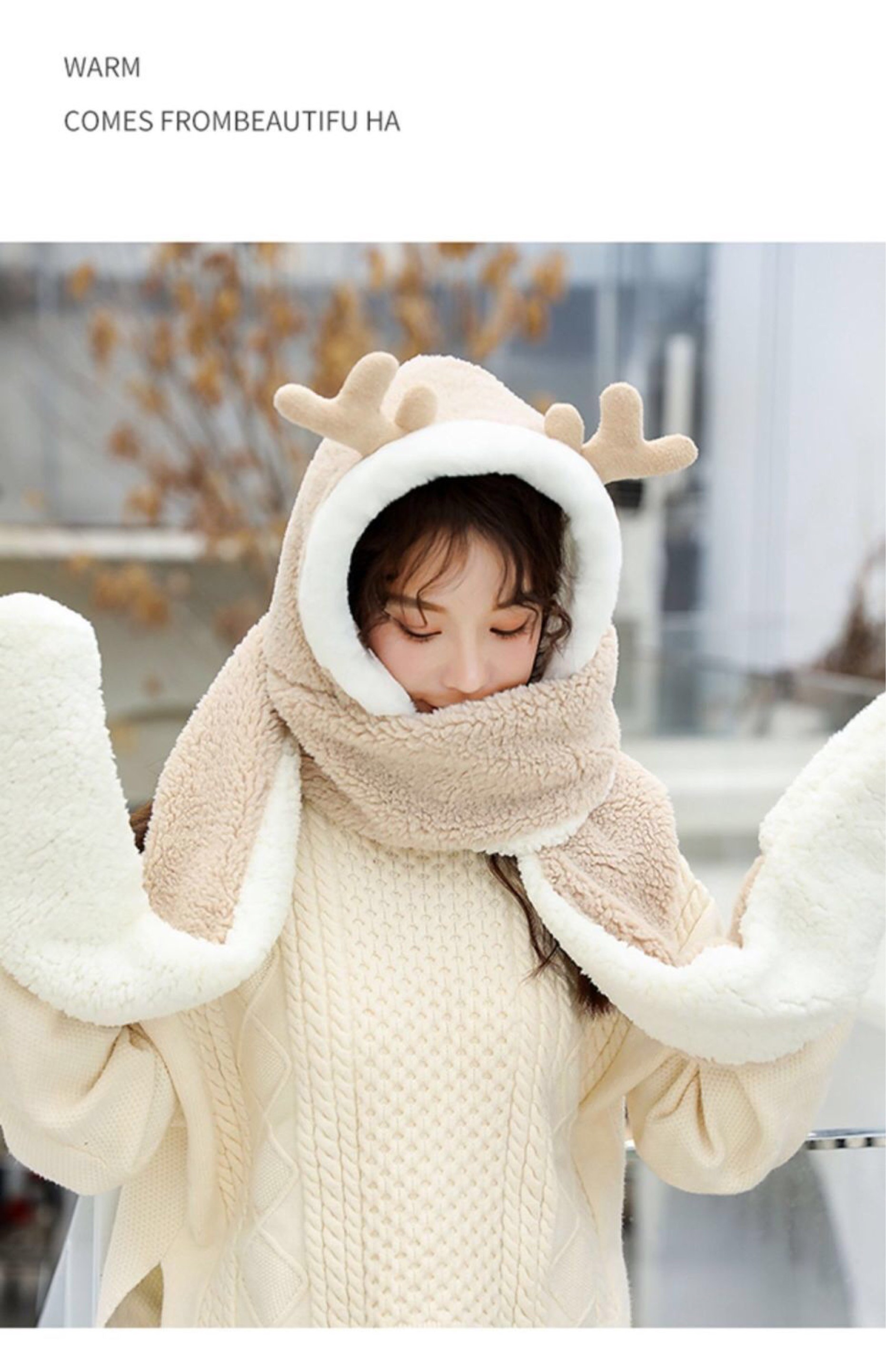 Autumn And Winter Plush Hat Warm Plus Velvet Hat Cute Antler Hat Scarf One Ear Protection Bib Set Item Picture