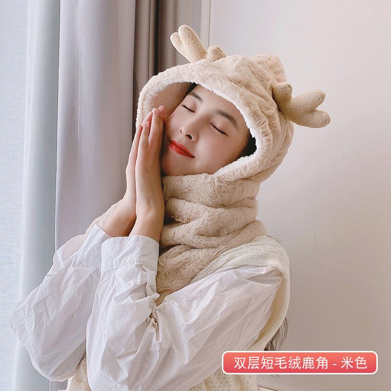 Jane Eyre Siyuan's new autumn and winter thickened double-layer short plush three-dimensional cartoon antler hat, scarf and gloves integrated women's warm hat is cute