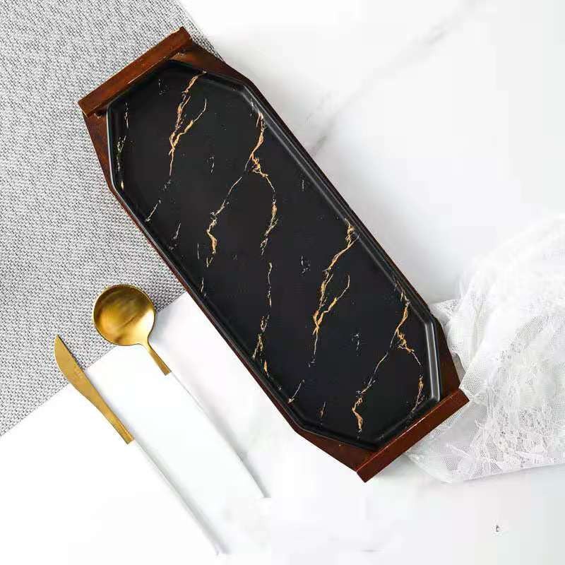 Creative Nordic-style tableware, marble-patterned ceramic plates, sushi plates, cold dish plates, acacia wood and ceramic dinner plate set detail image 7