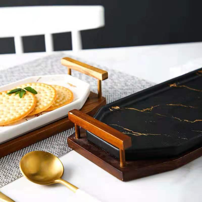 Creative Nordic-style tableware, marble-patterned ceramic plates, sushi plates, cold dish plates, acacia wood and ceramic dinner plate set detail image 4