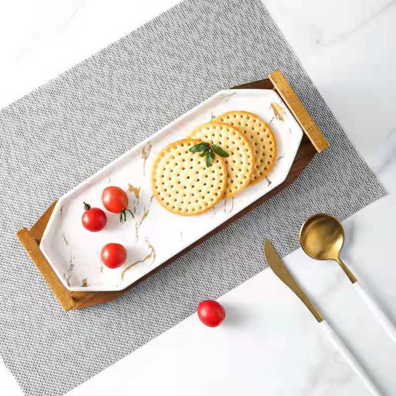 Creative Nordic-style tableware, marble-patterned ceramic plates, sushi plates, cold dish plates, acacia wood and ceramic dinner plate set detail image 3