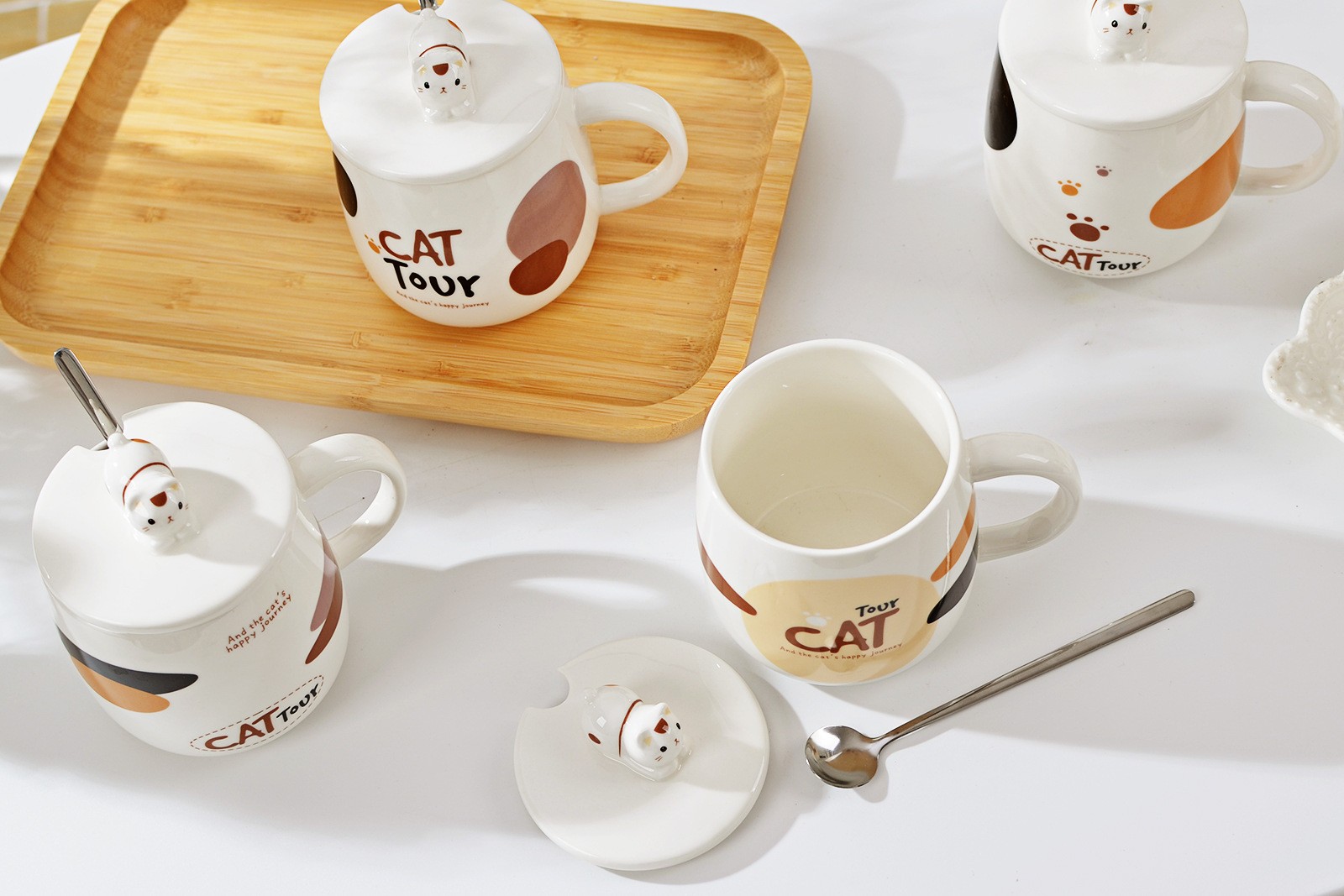 卡通陶瓷杯 陶瓷水杯带勺 卡通猫咪造型马克杯 表情杯 陶瓷赠品详情图3