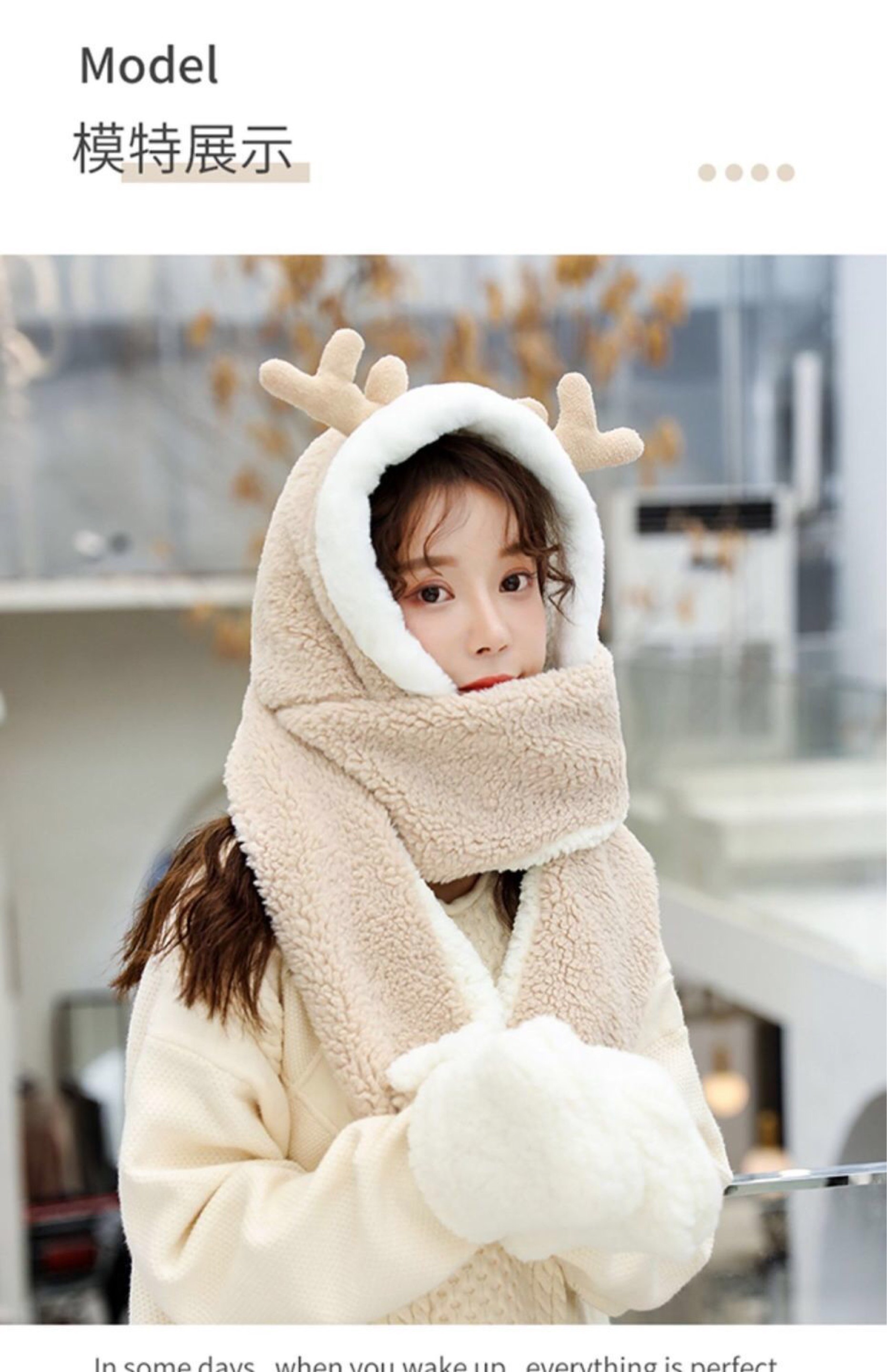 Autumn And Winter Plush Hat Warm Plus Velvet Hat Cute Antler Hat Scarf One Ear Protection Bib Set undefined