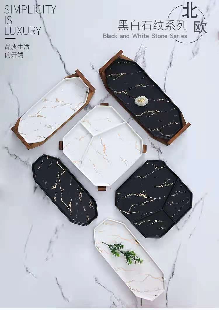 Creative Nordic-style tableware, marble-patterned ceramic plates, sushi plates, cold dish plates, acacia wood and ceramic dinner plate set detail image 1