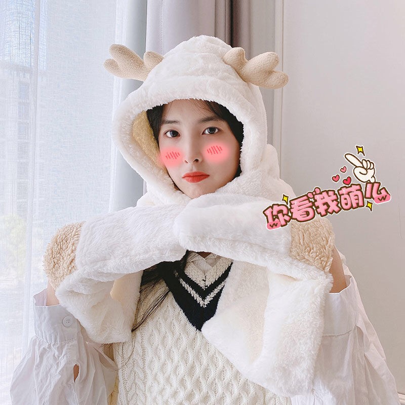Jane Eyre Siyuan's new autumn and winter thickened double-layer short plush three-dimensional cartoon antler hat, scarf and gloves integrated women's warm hat is cute pic 17