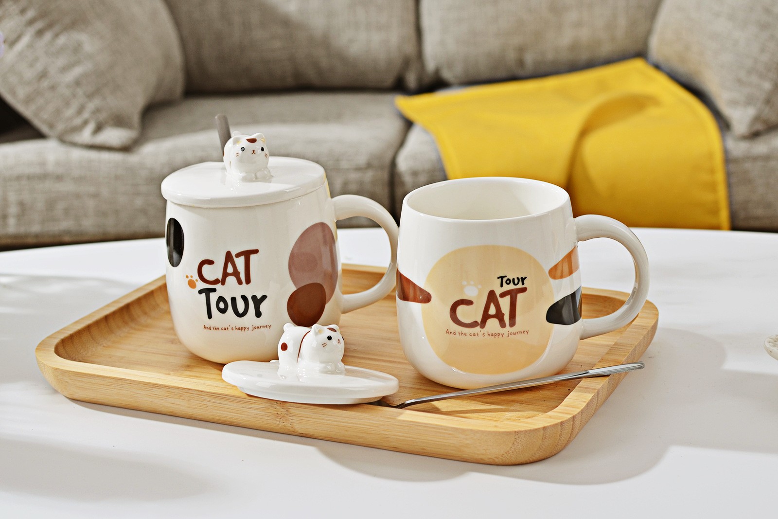 卡通陶瓷杯 陶瓷水杯带勺 卡通猫咪造型马克杯 表情杯 陶瓷赠品详情图1
