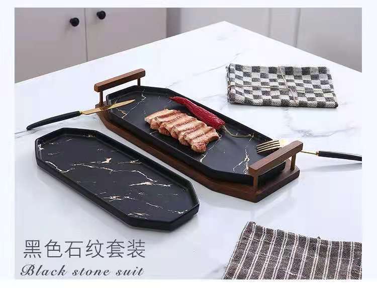 Creative Nordic-style tableware, marble-patterned ceramic plates, sushi plates, cold dish plates, acacia wood and ceramic dinner plate set detail image 2