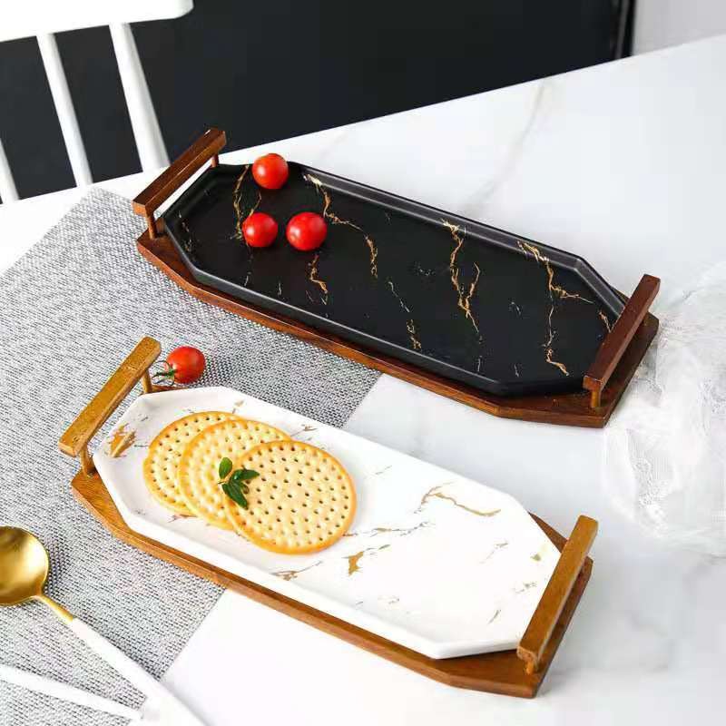 Creative Nordic-style tableware, marble-patterned ceramic plates, sushi plates, cold dish plates, acacia wood and ceramic dinner plate set detail image 9