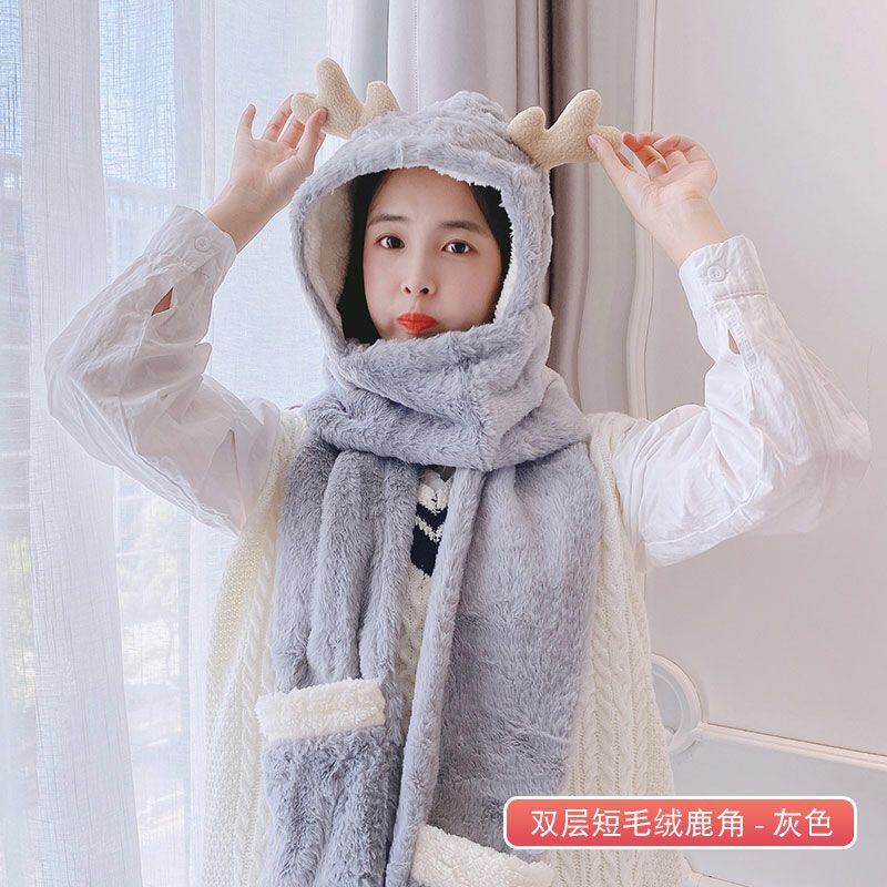Jane Eyre Siyuan's new autumn and winter thickened double-layer short plush three-dimensional cartoon antler hat, scarf and gloves integrated women's warm hat is cute Specification image