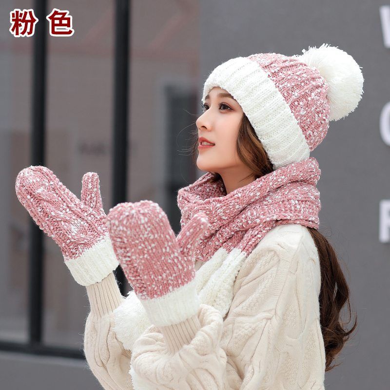 Jane Eyre Siyuan Women's Autumn and Winter Korean-style trendy three-piece set, fashionable and warm, with fleece and thickened hats, gloves and scarves Specification image