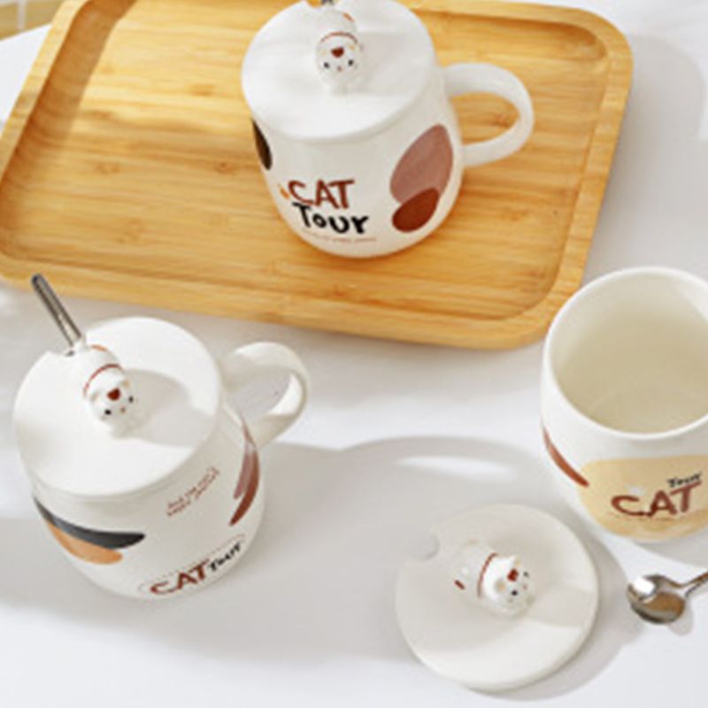 卡通陶瓷杯 陶瓷水杯带勺 卡通猫咪造型马克杯 表情杯 陶瓷赠品图