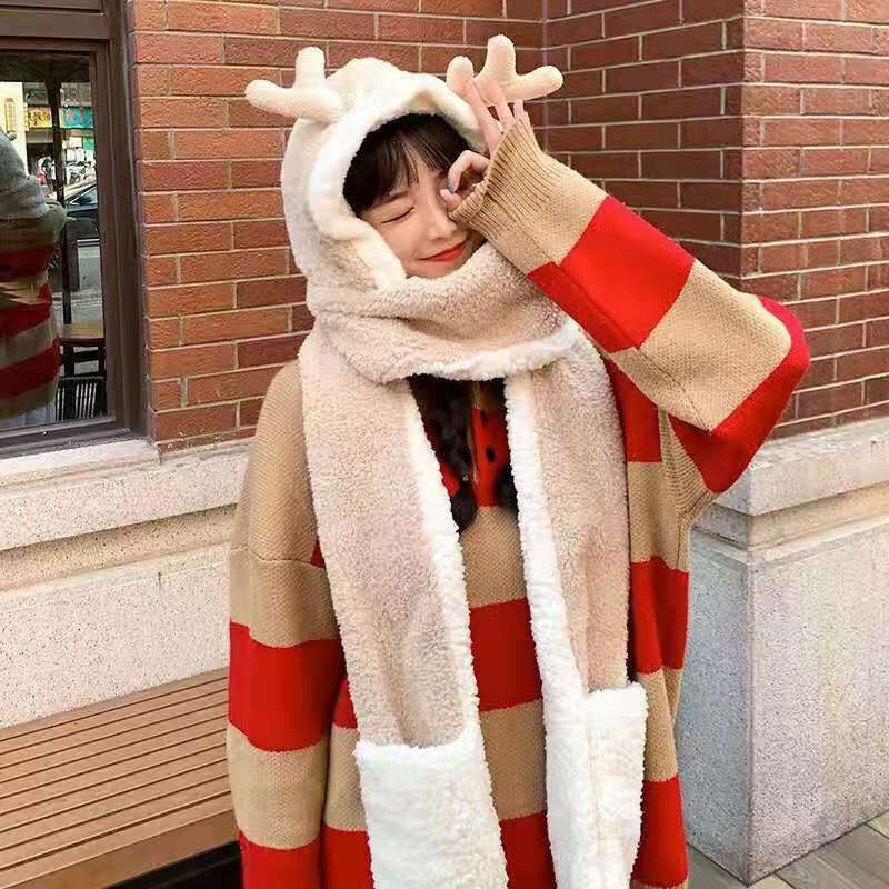 Autumn And Winter Plush Hat Warm Plus Velvet Hat Cute Antler Hat Scarf One Ear Protection Bib Set