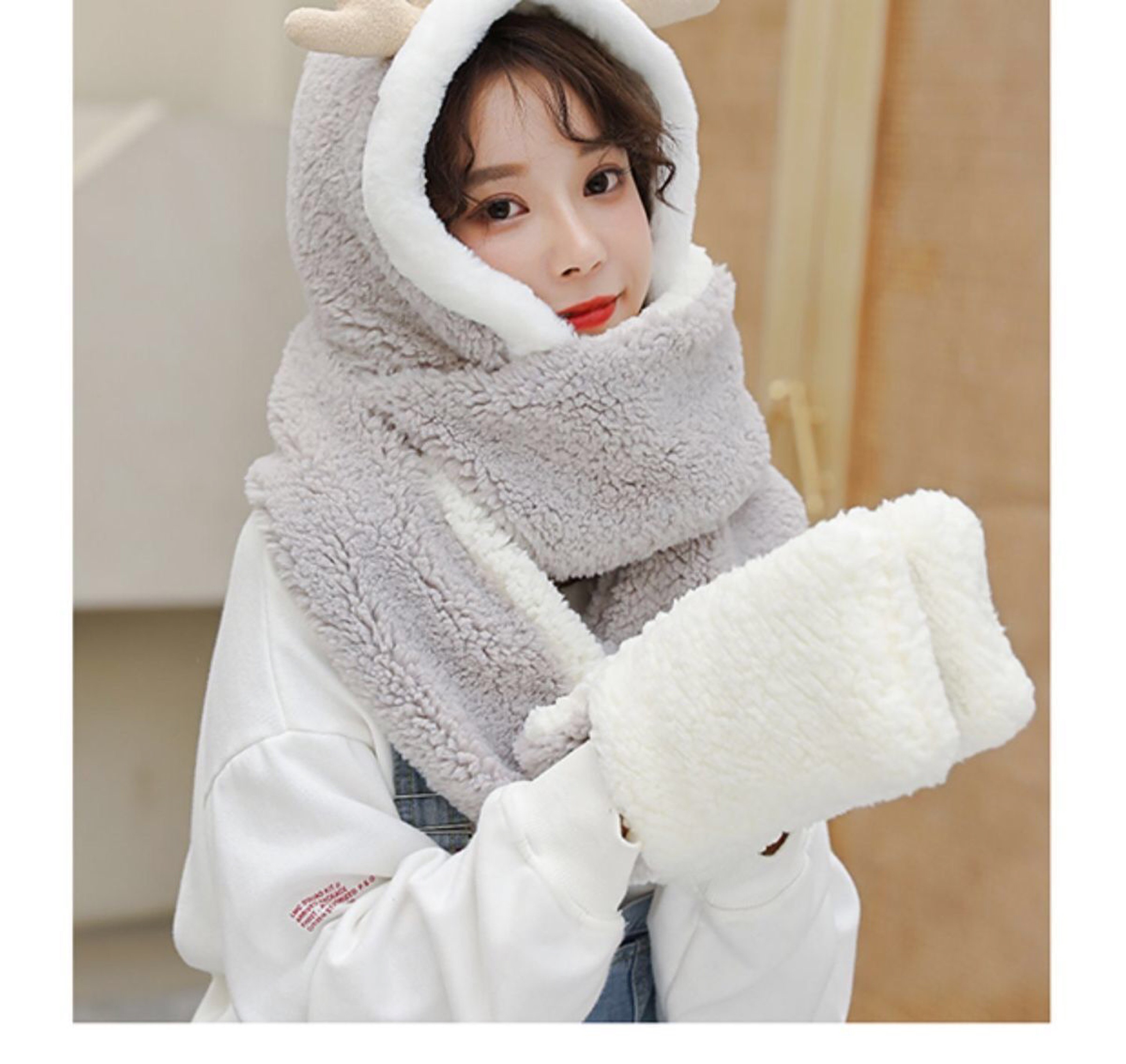 Autumn And Winter Plush Hat Warm Plus Velvet Hat Cute Antler Hat Scarf One Ear Protection Bib Set undefined