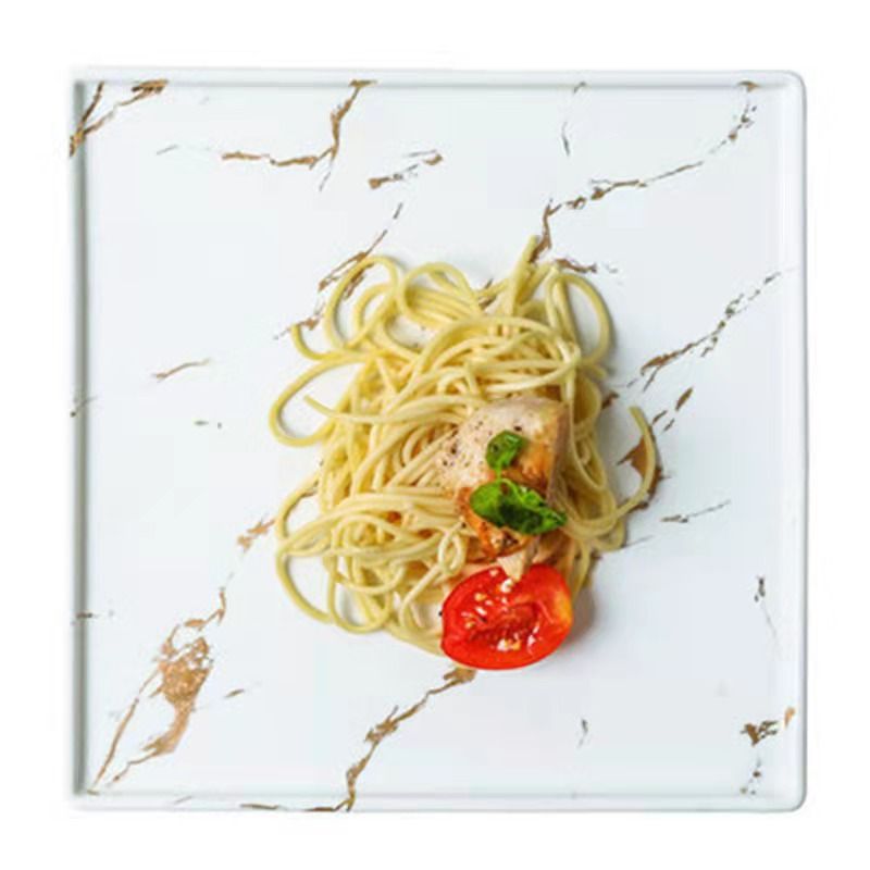大理石纹西餐盘正方盘西式牛排盘子酒店创意菜平盘陶瓷餐具