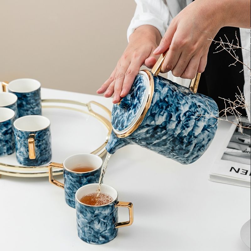 Ceramic water sets, coffee sets, tea sets, cup sets, home European-style light luxury tea sets, cups, single cups, marble-patterned cold water bottles details Picture