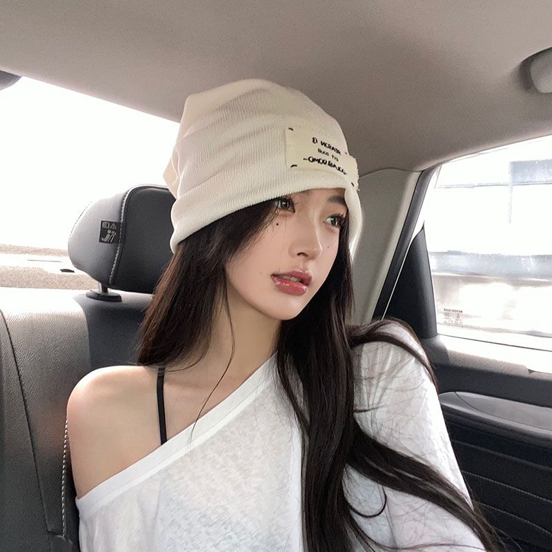 网红小众日系ins针织线帽子女毛线帽大头围套头包头冷帽薄款堆堆帽