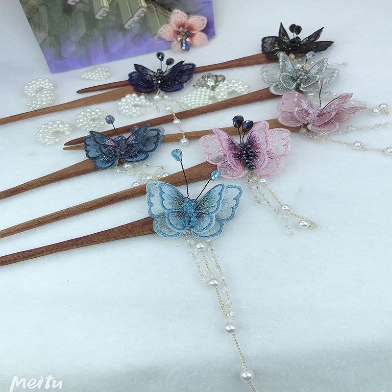 Wooden hairpin one-step shaking wooden hairpin embroidered butterfly pendant