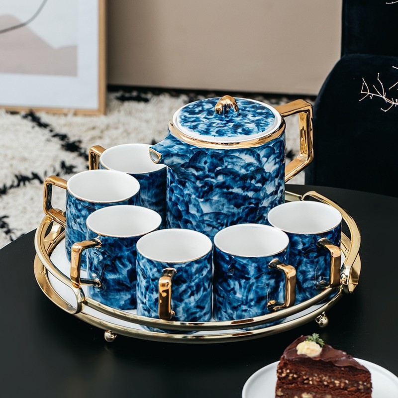 Ceramic water sets, coffee sets, tea sets, cup sets, home European-style light luxury tea sets, cups, single cups, marble-patterned cold water bottles detail image 1