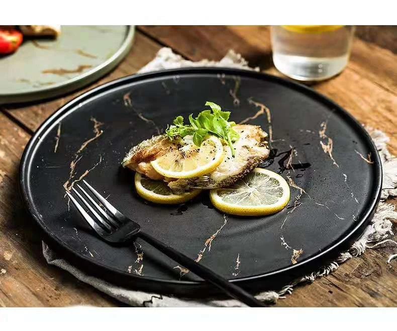 Nordic minimalist and creative Western steak plate, retro marble-patterned pasta round plate, 8-inch and 10-inch ceramic tableware detail image 2