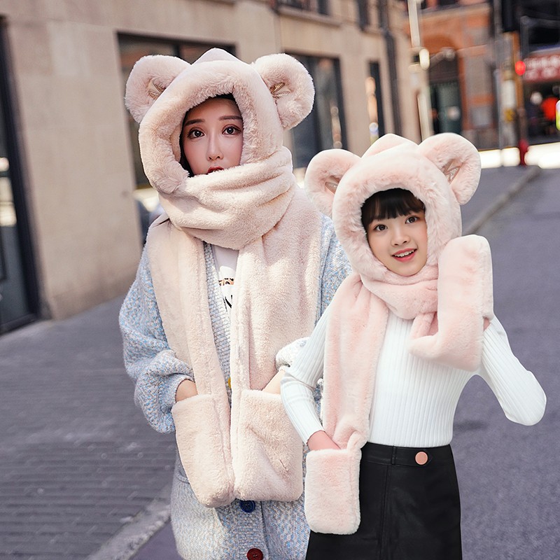 Bear Hat Korean Version Of Cute Female All-In-One Autumn Winter Winter Scarf Warm Gloves Bib Three-Piece Set Tide Item Picture