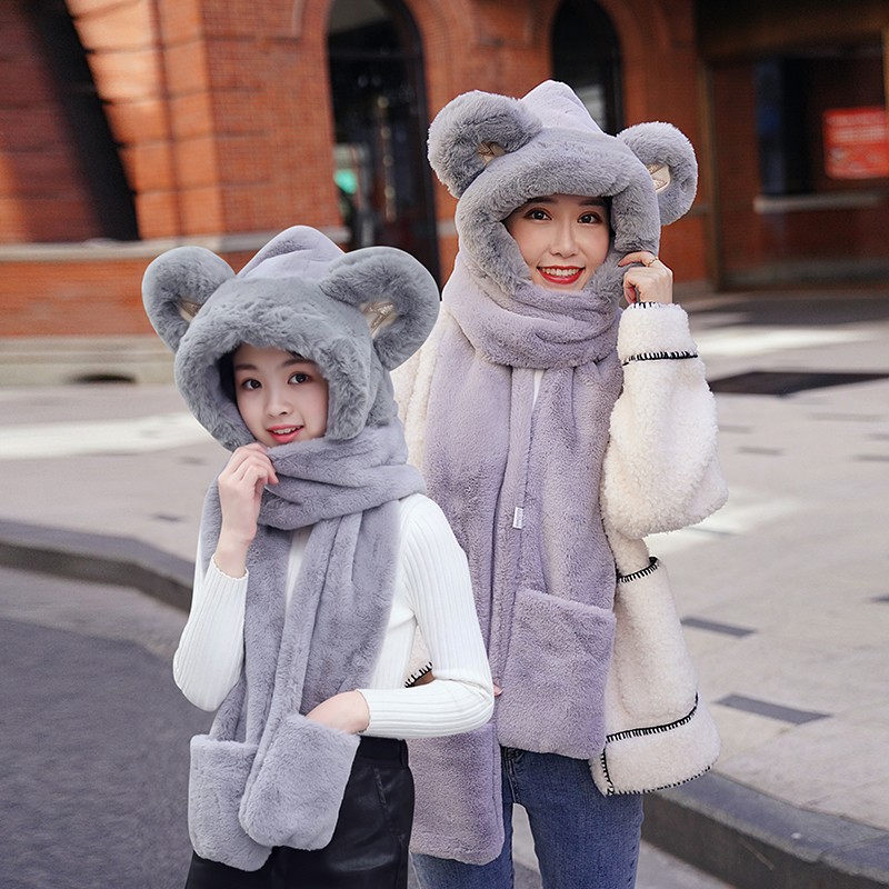 Bear Hat Korean Version Of Cute Female All-In-One Autumn Winter Winter Scarf Warm Gloves Bib Three-Piece Set Tide undefined