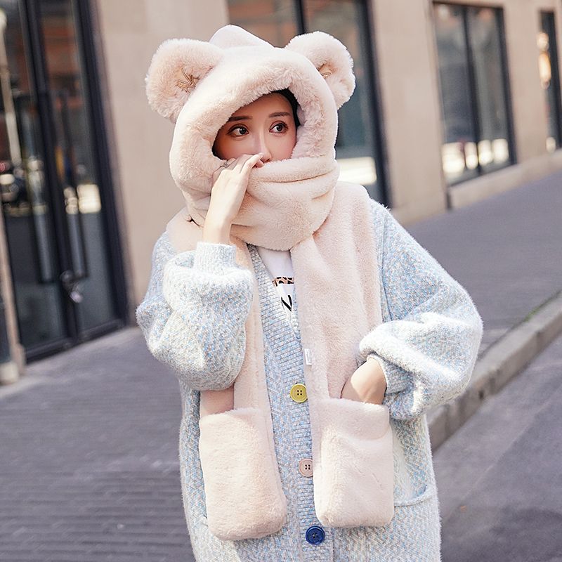 2021 New Network Red Winter Korean Version Cute Bear Hat, Neck, Scarf And Gloves For Women Autumn And Winter Application Scenario