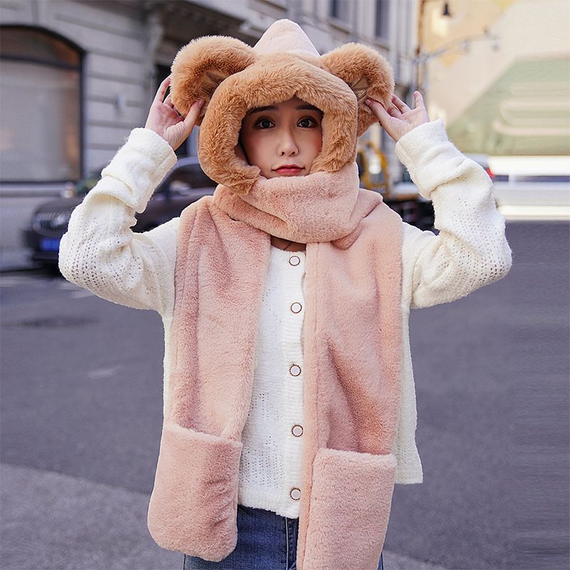 2021 New Network Red Winter Korean Version Cute Bear Hat, Neck, Scarf And Gloves For Women Autumn And Winter Item Picture