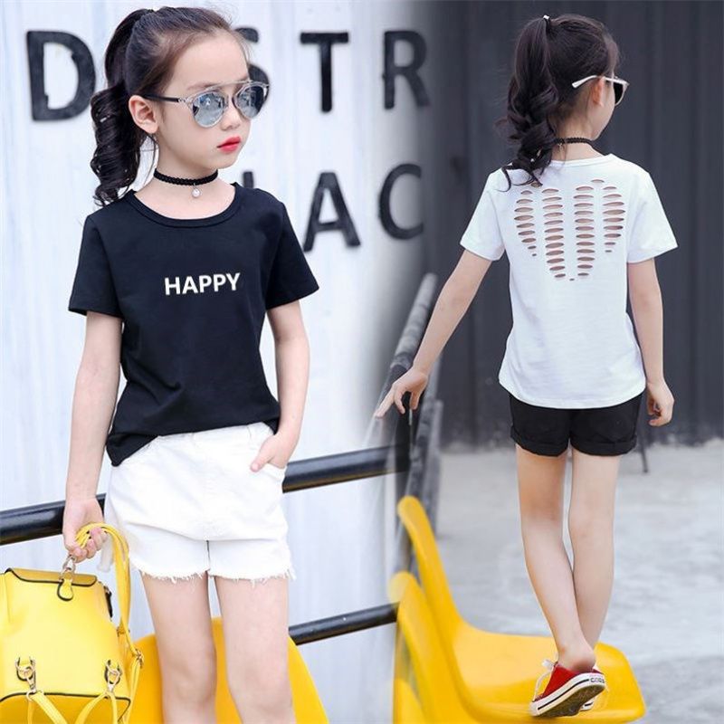 95 Cotton Girls' short-sleeved T-shirt 2021 Summer Trendy Children's Stylish top, Big Kids Round Neck cutout T-shirt