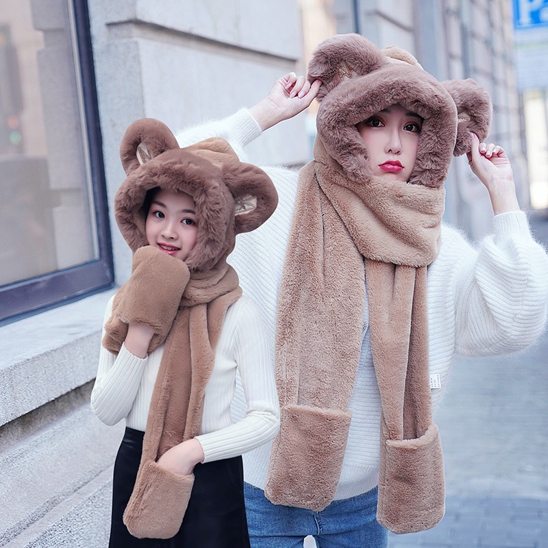 Bear Hat Korean Version Of Cute Female All-In-One Autumn Winter Winter Scarf Warm Gloves Bib Three-Piece Set Tide full figure