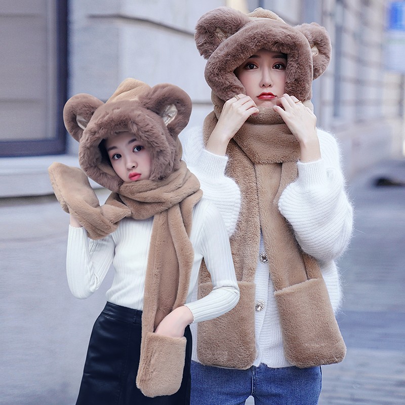 Bear Hat Korean Version Of Cute Female All-In-One Autumn Winter Winter Scarf Warm Gloves Bib Three-Piece Set Tide details Picture