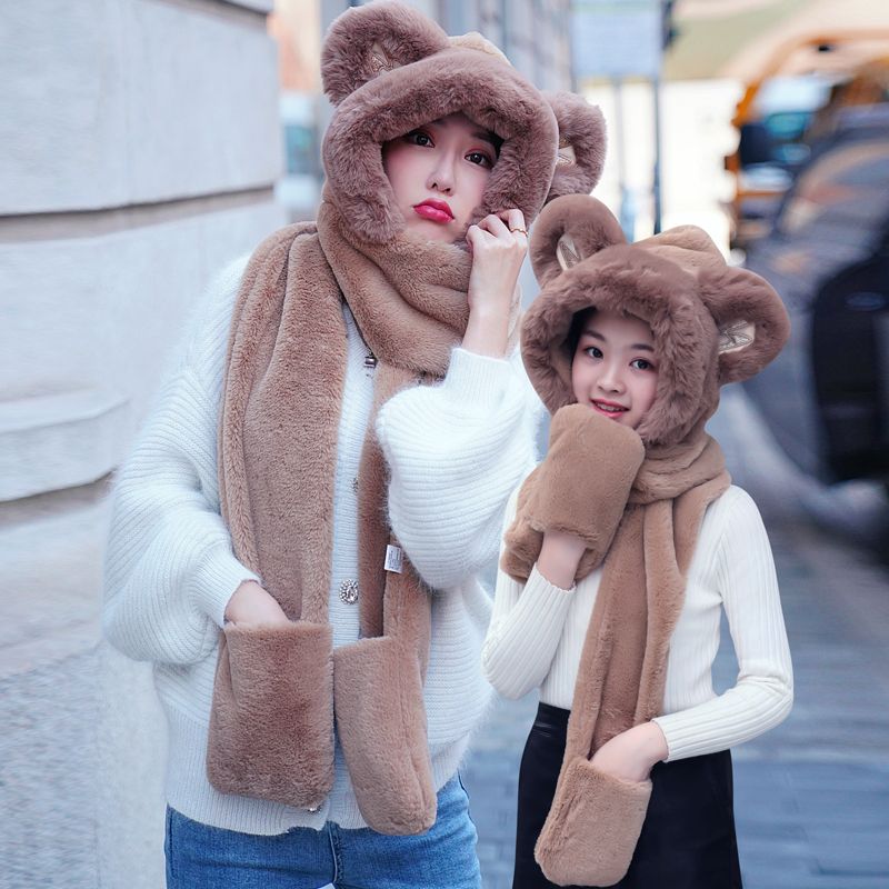Bear Hat Korean Version Of Cute Female All-In-One Autumn Winter Winter Scarf Warm Gloves Bib Three-Piece Set Tide Specification drawing