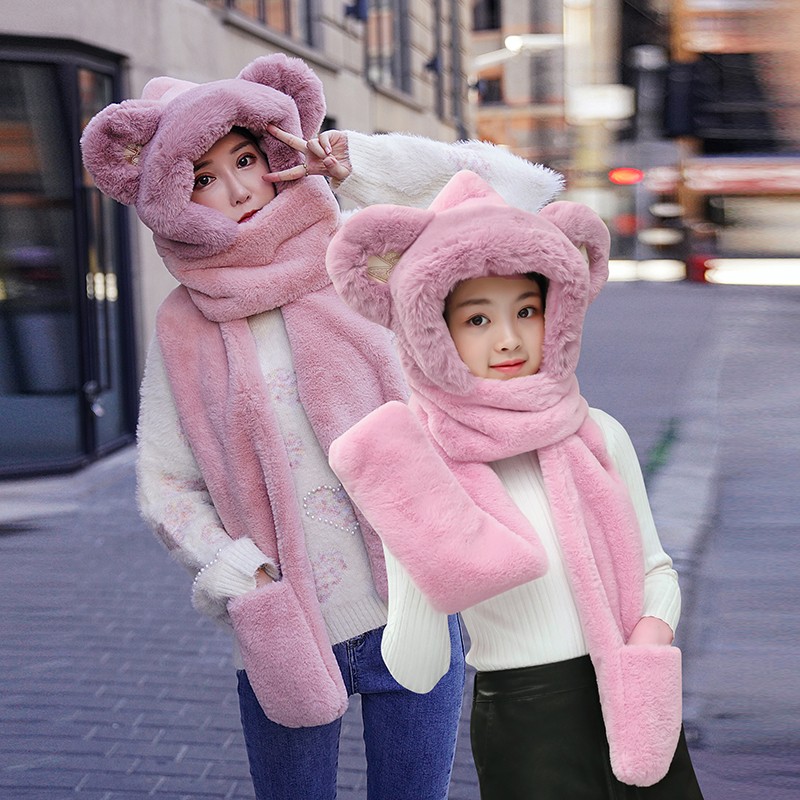 Bear Hat Korean Version Of Cute Female All-In-One Autumn Winter Winter Scarf Warm Gloves Bib Three-Piece Set Tide undefined